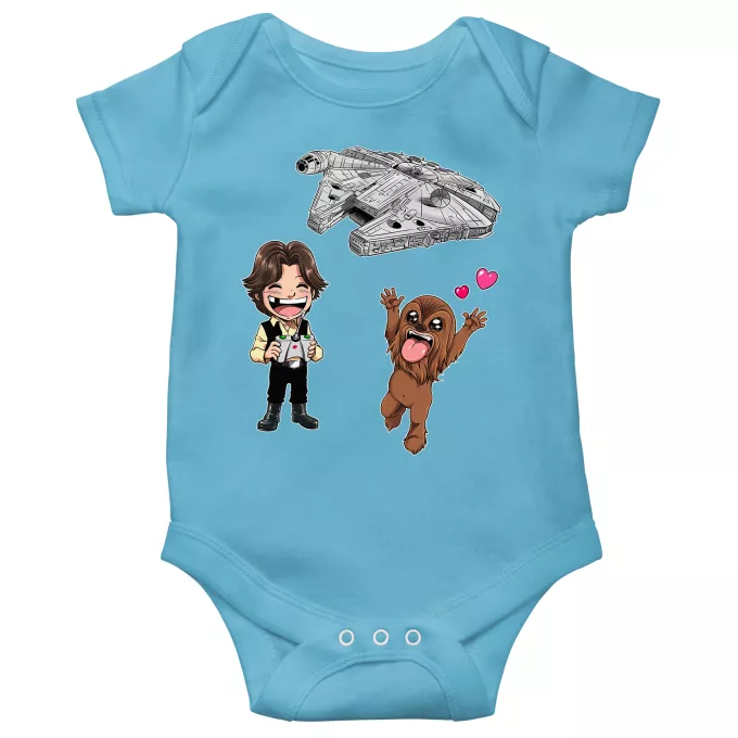 Kurzärmeliger Baby-Bodysuit (Jungen) Parodie auf Star Wars Han Solo und Chewbacca SD Karikaturen und Das Falcon Millenium Mini Drone