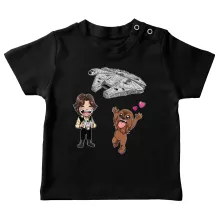 Han Solo Baby T-shirt “Han Solo und Chewbacca SD Karikaturen und Das Falcon Millenium Mini Drone” – Parodie auf Star Wars