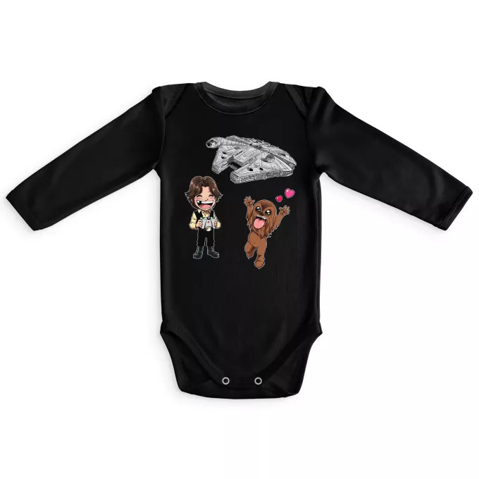 Langärmliges Baby Strampler Parodie auf Star Wars Han Solo und Chewbacca SD Karikaturen und Das Falcon Millenium Mini Drone