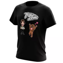 Maglietta Caricature SD “Caricature SD di Han Solo e Chewbacca e il Falcon Millenium Mini Drone” – Parodia dei Star Wars