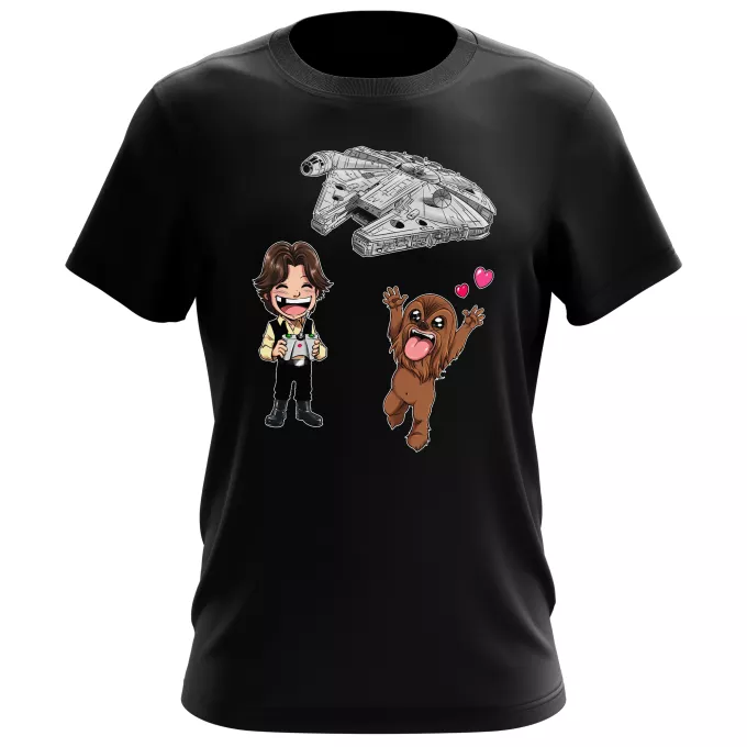 Herren T-shirts Parodie auf Star Wars Han Solo und Chewbacca SD Karikaturen und Das Falcon Millenium Mini Drone