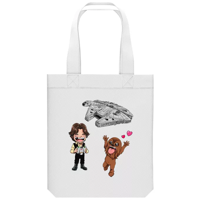 Shopper (Tote Bag) aus Bio-Baumwolle Parodie auf Star Wars Han Solo und Chewbacca SD Karikaturen und Das Falcon Millenium Mini Drone