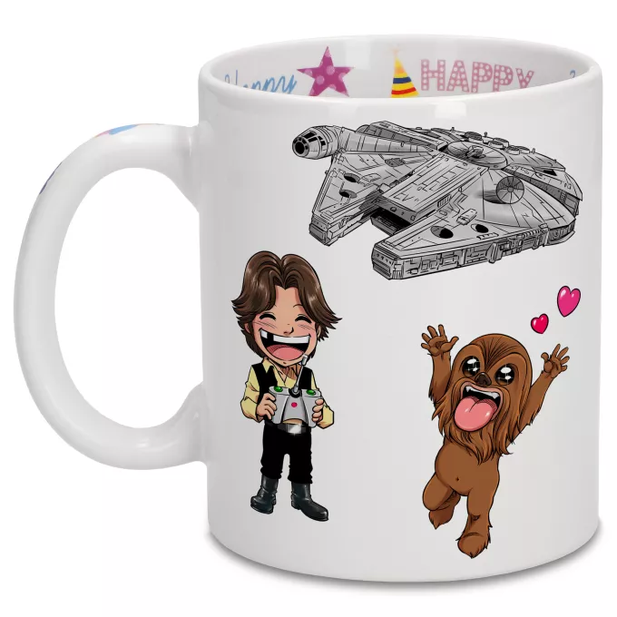 Geburtstag Tassen Parodie auf Star Wars Han Solo und Chewbacca SD Karikaturen und Das Falcon Millenium Mini Drone