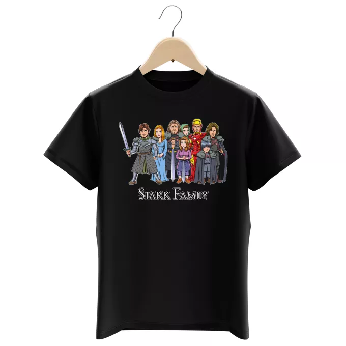 Boys Kids T-shirts Parody of Game of Thrones Eddard, Catelyn, Robb, Sansa, Arya, Brian, Rickon and Tony Stark (Robert Downey Jr Caricature)