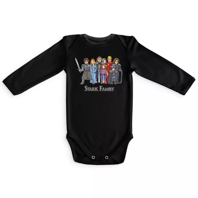 Langärmliges Baby Strampler Parodie auf Game of Thrones Eddard, Catelyn, Robb, Sansa, Arya, Brian, Rickon und Tony Stark (Robert Downey Jr Caricature)