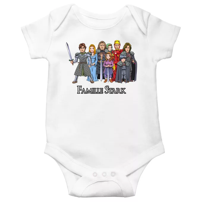 Body bébé manches courtes Parodie Game of Thrones The Stark Family (Avec Robert Downey Jr dans le rôle de Tony) - Eddard, Catelyn, Robb, Sansa, Arya, Brian, Rickon, Tony Stark (Robert Downey Jr dans le rôle de Tony)