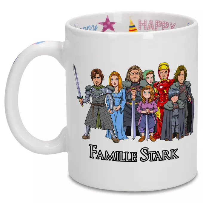 Mugs Anniversaire Parodie Game of Thrones The Stark Family (Avec Robert Downey Jr dans le rôle de Tony) - Eddard, Catelyn, Robb, Sansa, Arya, Brian, Rickon, Tony Stark (Robert Downey Jr dans le rôle de Tony)