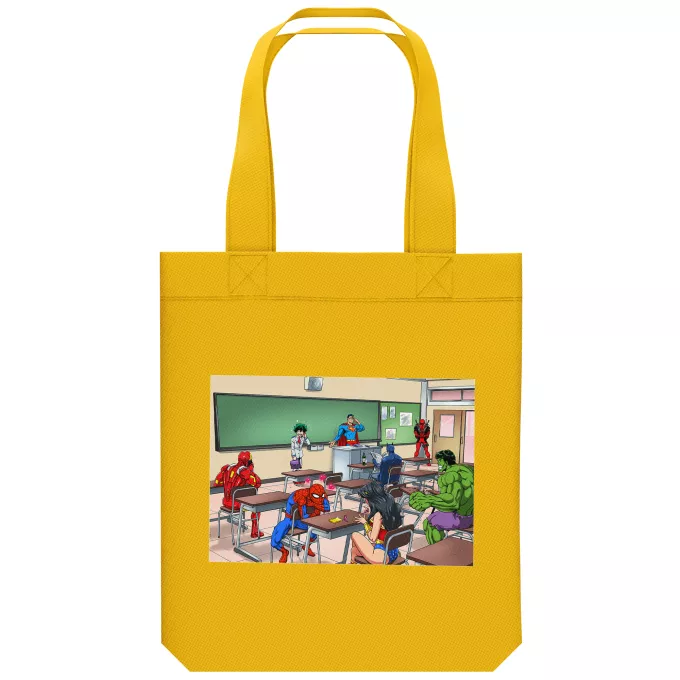 Ekologisk bomullsväska (Tote Bag) Parodi My Hero Academia Deku med Deadpool,Stålmannen, Iron Man, Wonder Woman, Spindelmannen, Batman och Hulk