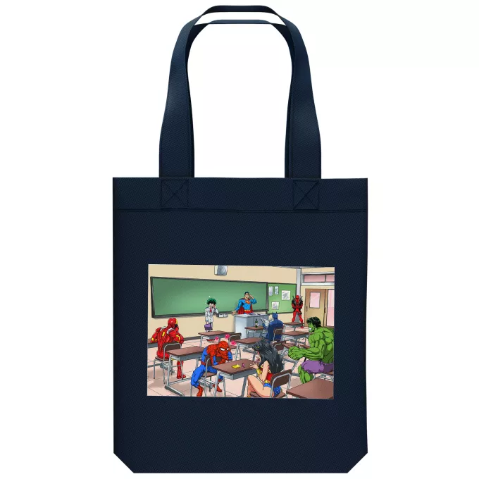 Organic Cotton Tote Bag Parody of My Hero Academia Deku class mistake with Deadpool, Superman, Iron Man, Wonder Woman, Spider-man, Batman and the Incredible Hulk