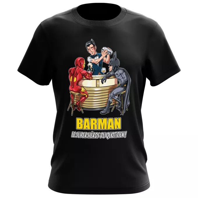 T-shirts Hommes Parodie Batman Barman, le super Héros du quotidien ! - Iron Man, Batman et...Barman