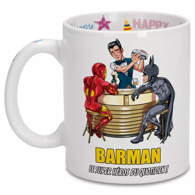 Mugs Anniversaire Parodie Batman Barman, le super Héros du quotidien ! - Iron Man, Batman et...Barman