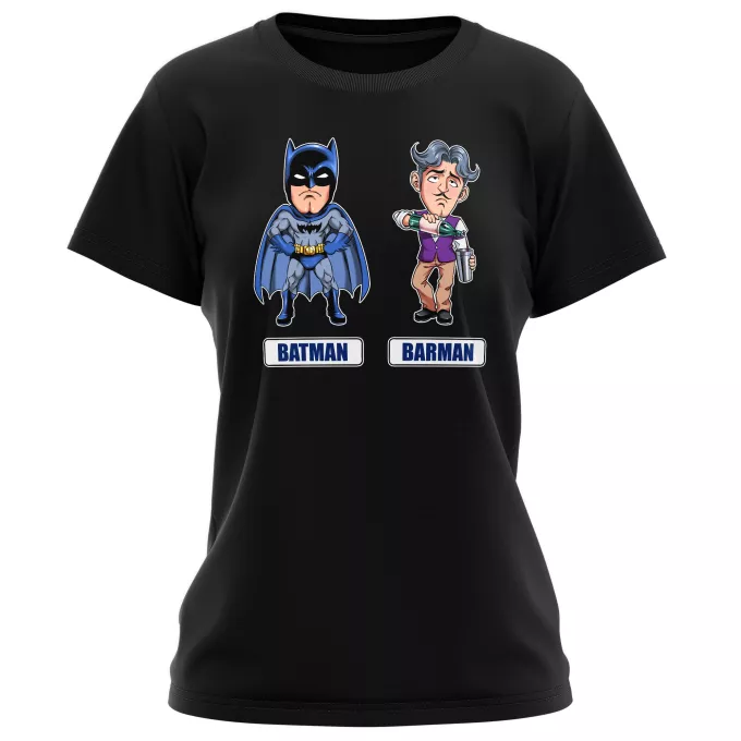 T-shirts Femmes Parodie Batman Les 2 Super-Héros de la Nuit !! - Barman