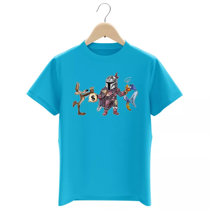 Boys Kids T-shirts Parody of Star Wars Mando the Mandalorian aka Din Djarin, Wile E. Coyote and the Road Runner