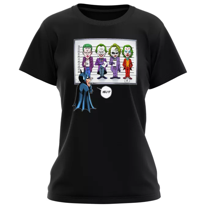 Vrouwen T-Shirts Parodie Batman Batman en il Joker (Jared Letho, Jack Nicholson, Heath Ledger en Joaquin Phoenix)