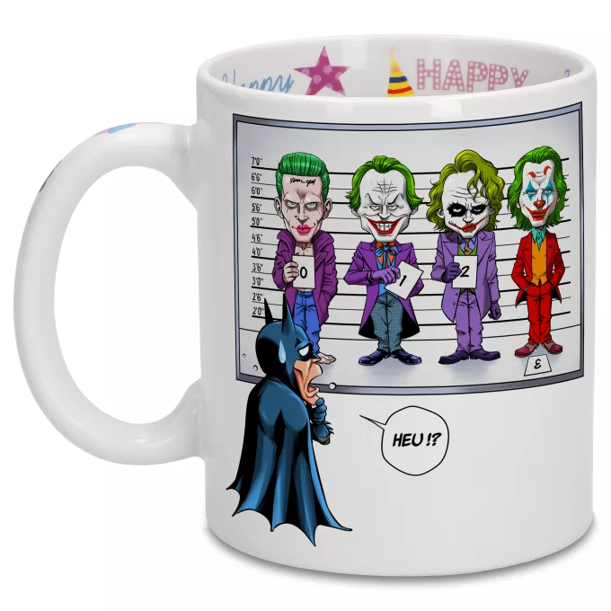 Födelsedagsmuggar Parodi Läderlappen Batman och il Joker (Jared Letho, Jack Nicholson, Heath Ledger och Joaquin Phoenix)