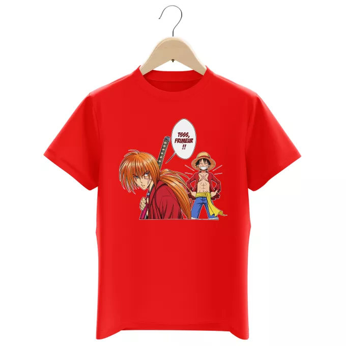 T-shirts Enfants Garçons Parodie One Piece L'élève dépasse le Maître... - Kenshin, Luffy, Kenshin Himura, Rurouni Kenshin, Monkey D Luffy, Mugiwara no Luffy
