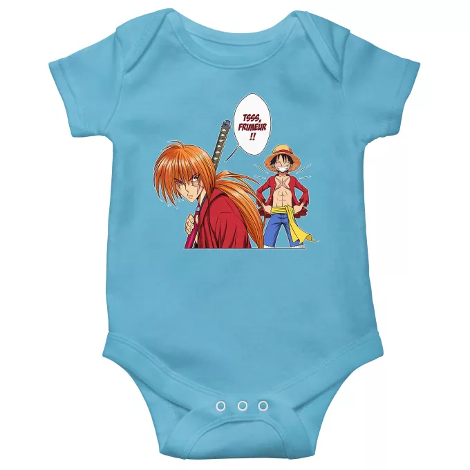 Body bébé manches courtes (garçons) Parodie One Piece L'élève dépasse le Maître... - Kenshin, Luffy, Kenshin Himura, Rurouni Kenshin, Monkey D Luffy, Mugiwara no Luffy
