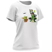 Stjärnornas krig parodi Turkos Blå T-shirt för kvinnor- Tsuyu Asui aka Froppy och Grogu aka Baby Yoda (Högklassig T-shirt - Tryckt i Frankrike - Ref : 1211)