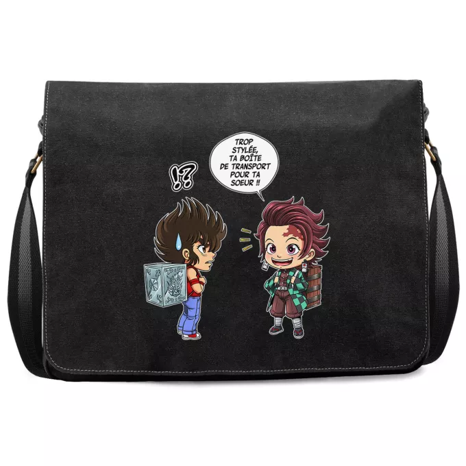Sac à Bandoulière Premium Parodie Saint Seiya Une Pandora Box démoniaque ! - Tanjiro Kamado, Nezuko, Seiya du Pégase