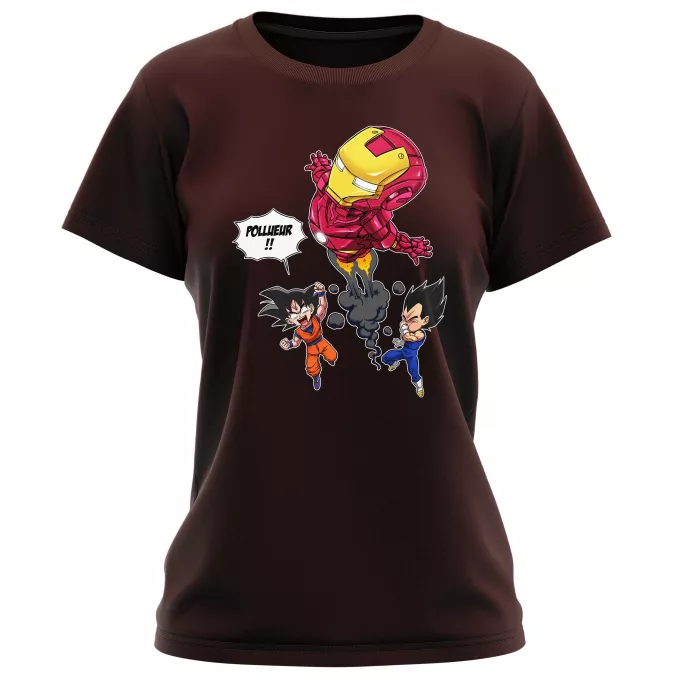 T-shirts Femmes Parodie Dragon Ball Z - DBZ Pollueur ! - Iron Man, Sangoku, Végéta