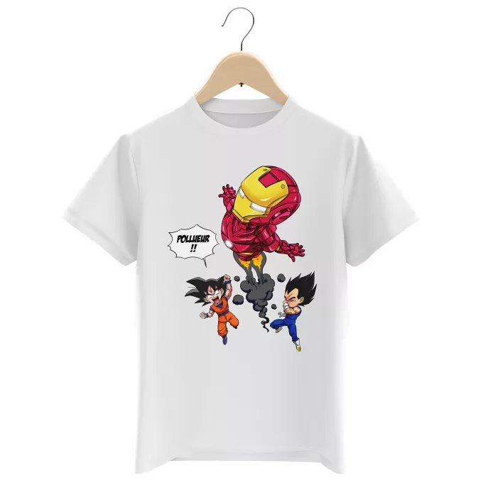 T-shirts Enfants Garçons Parodie Dragon Ball Z - DBZ Pollueur ! - Iron Man, Sangoku, Végéta