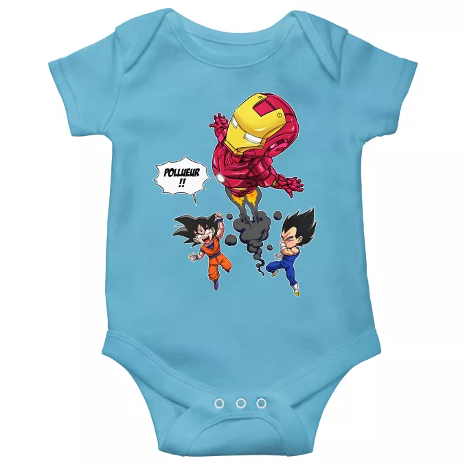 Body bébé manches courtes (garçons) Parodie Dragon Ball Z - DBZ Pollueur ! - Iron Man, Sangoku, Végéta