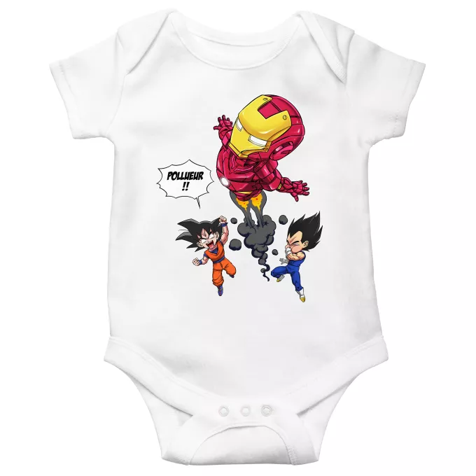 Body bébé manches courtes Parodie Dragon Ball Z - DBZ Pollueur ! - Iron Man, Sangoku, Végéta