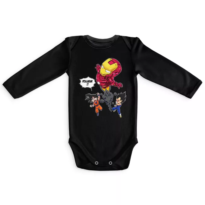 Body bébé manches longues Parodie Dragon Ball Z - DBZ Pollueur ! - Iron Man, Sangoku, Végéta