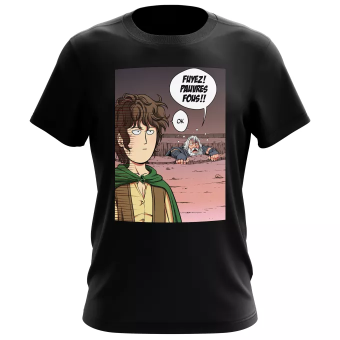 T-shirts Hommes Parodie One-Punch Man Fuyez, pauvre fou !! - Gandalf, Saitama dans le rôle de Frodon Sacquet