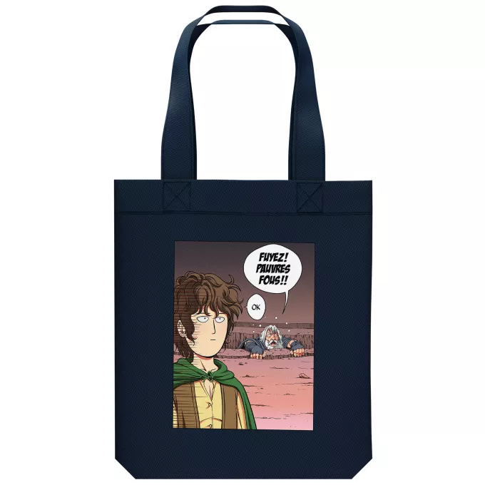 Sac Tote Bag en coton Bio Parodie One-Punch Man Fuyez, pauvre fou !! - Gandalf, Saitama dans le rôle de Frodon Sacquet