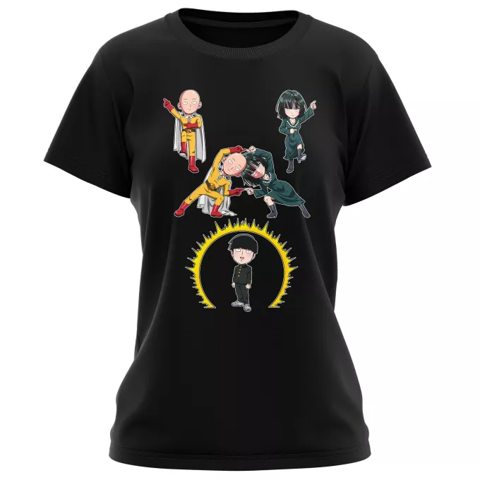 Vrouwen T-Shirts Parodie One-Punch Man Shigeo kageyama aka Mob, Saitama en Fubuki