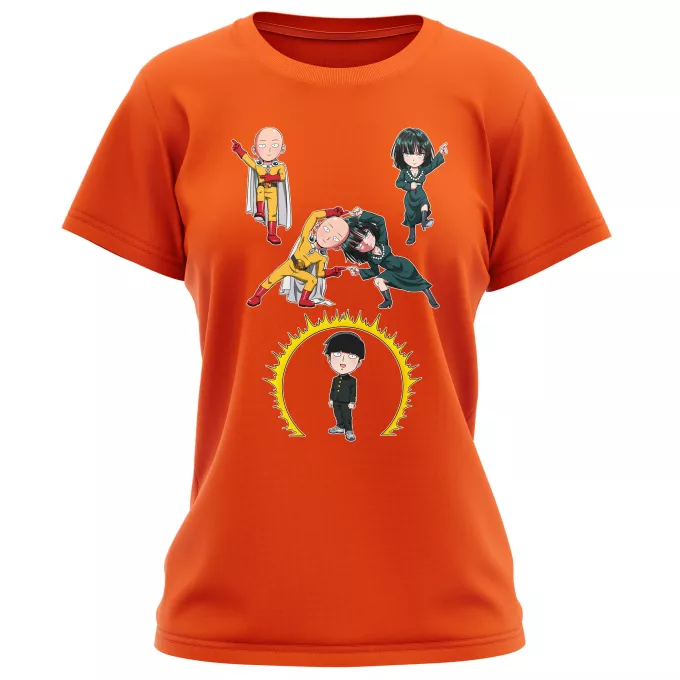 Vrouwen T-Shirts Parodie One-Punch Man Shigeo kageyama aka Mob, Saitama en Fubuki