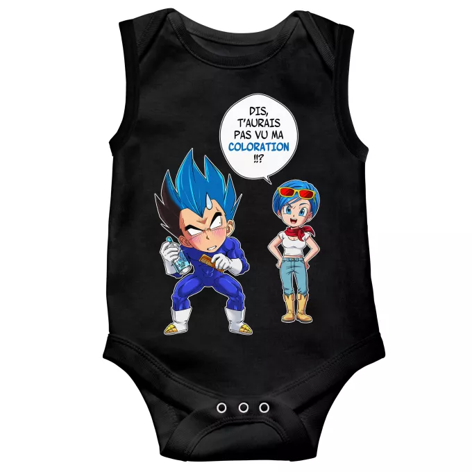 Body bébé sans manches Parodie Dragon Ball Super Le Secret du Super Saiyan Blue - Végéta, Bulma