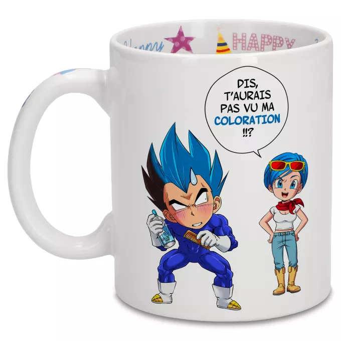 Mugs Anniversaire Parodie Dragon Ball Super Le Secret du Super Saiyan Blue - Végéta, Bulma