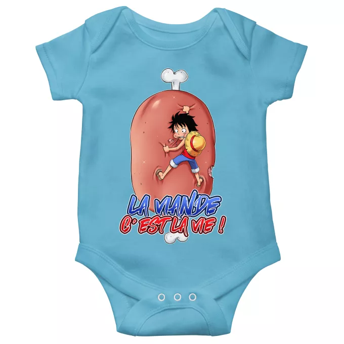 Body bébé manches courtes (garçons) Parodie One Piece La Viande c'est la Vie - Giga Gigot édition ! - Monkey D Luffy aka le Futur Roi des Pirates