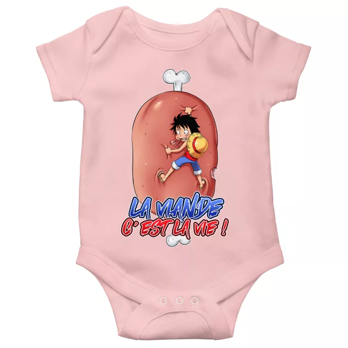 Body bébé manches courtes (Filles) Parodie One Piece La Viande c'est la Vie - Giga Gigot édition ! - Monkey D Luffy aka le Futur Roi des Pirates