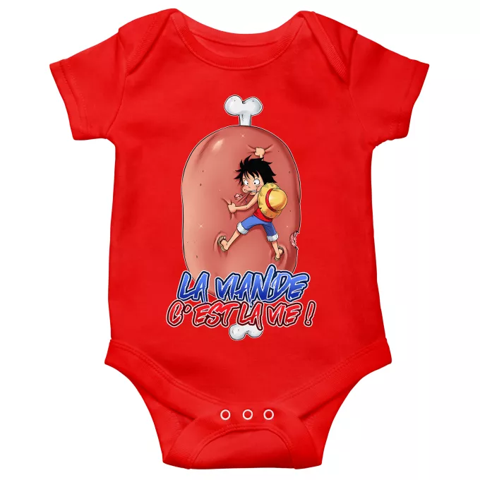Body bébé manches courtes Parodie One Piece La Viande c'est la Vie - Giga Gigot édition ! - Monkey D Luffy aka le Futur Roi des Pirates