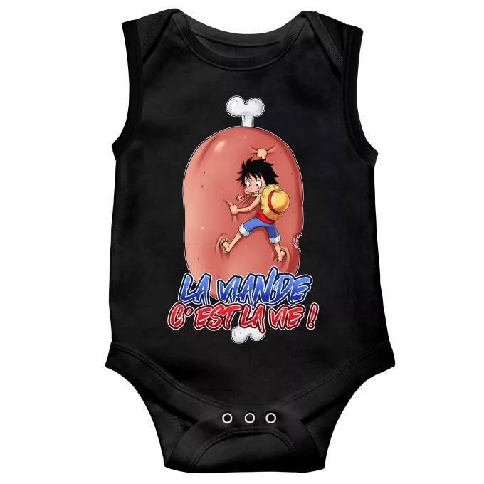 Body bébé sans manches Parodie One Piece La Viande c'est la Vie - Giga Gigot édition ! - Monkey D Luffy aka le Futur Roi des Pirates