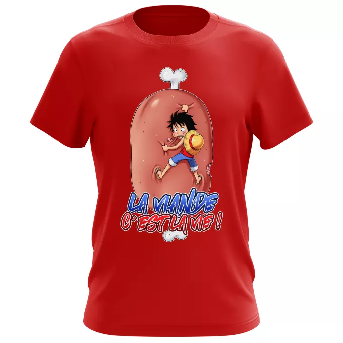 T-shirts Hommes Parodie One Piece La Viande c'est la Vie - Giga Gigot édition ! - Monkey D Luffy aka le Futur Roi des Pirates
