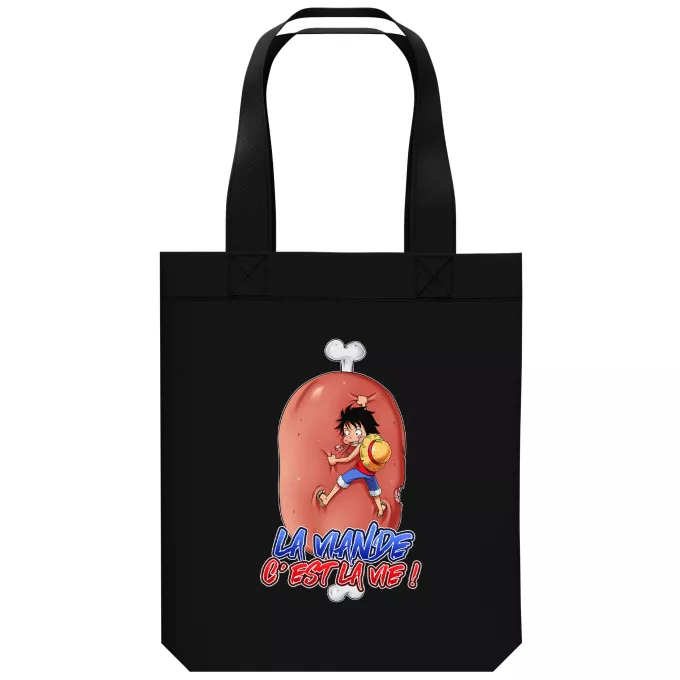 Sac Tote Bag en coton Bio Parodie One Piece La Viande c'est la Vie - Giga Gigot édition ! - Monkey D Luffy aka le Futur Roi des Pirates