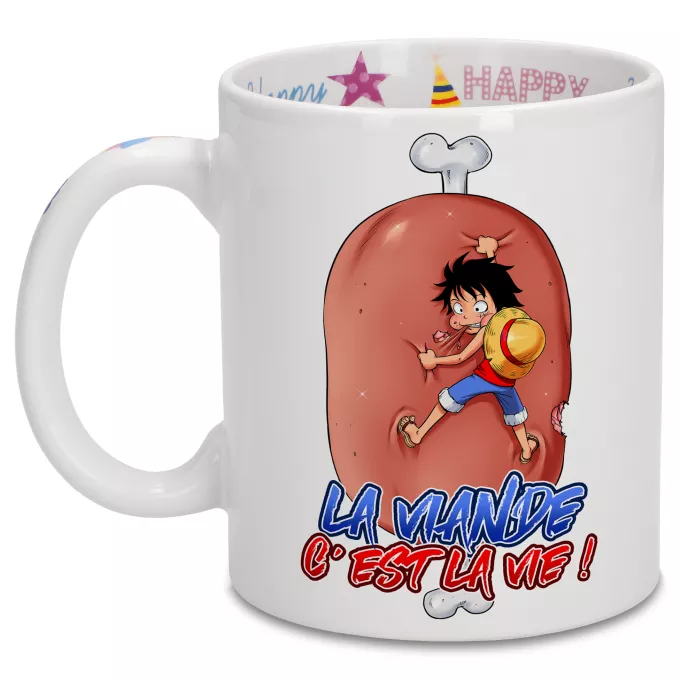Mugs Anniversaire Parodie One Piece La Viande c'est la Vie - Giga Gigot édition ! - Monkey D Luffy aka le Futur Roi des Pirates