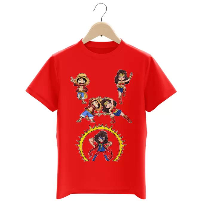 Camisetas Niños Parodia One Piece Gomu Gomu no Fusion ! - Luffy, Wonder Woman, Kamala aka Miss Marvel