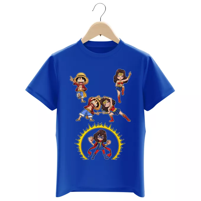 Boys Kids T-shirts Parody of One Piece Gomu Gomu no Fusion ! - Luffy, Wonder Woman, Kamala, Miss Marvel