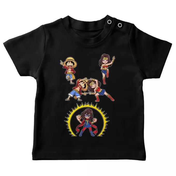 Baby T-shirts Parodi One Piece Gomu Gomu no Fusion ! - Ruffy, Wonder Woman, Kamala aka Miss Marvel