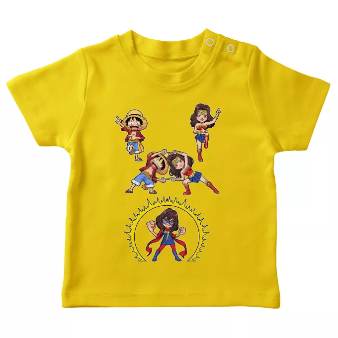 Baby's T-shirts Parody of One Piece Gomu Gomu no Fusion ! - Luffy, Wonder Woman, Kamala, Miss Marvel