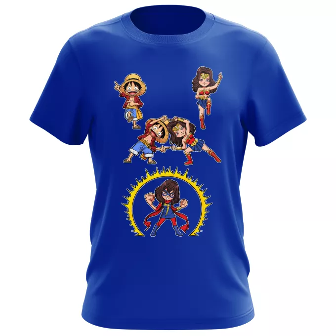 T-shirts för män Parodi One Piece Gomu Gomu no Fusion ! - Ruffy, Wonder Woman, Kamala aka Miss Marvel