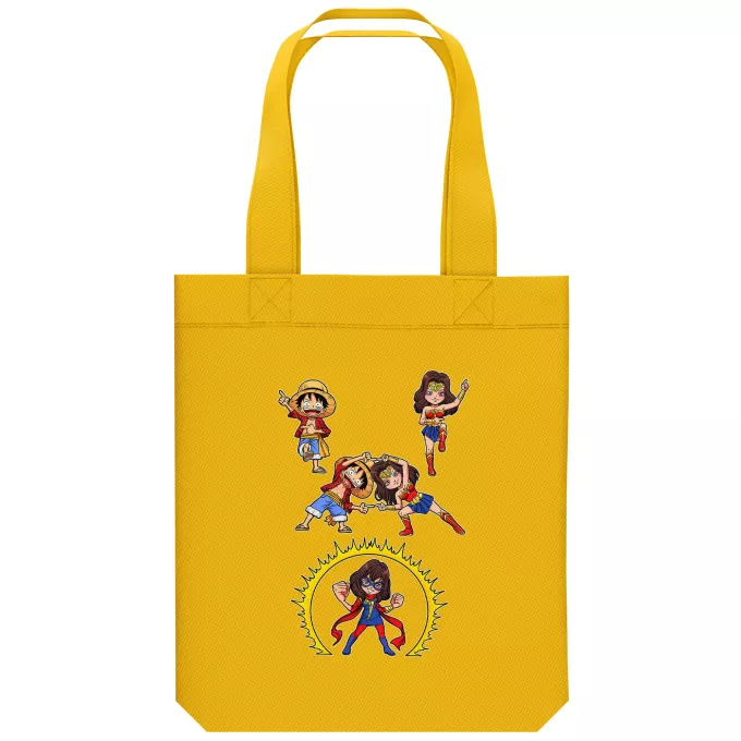Ekologisk bomullsväska (Tote Bag) Parodi One Piece Gomu Gomu no Fusion ! - Ruffy, Wonder Woman, Kamala aka Miss Marvel
