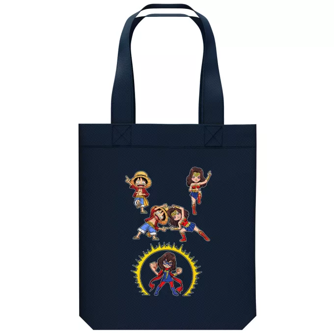 Organic Cotton Tote Bag Parody of One Piece Gomu Gomu no Fusion ! - Luffy, Wonder Woman, Kamala, Miss Marvel