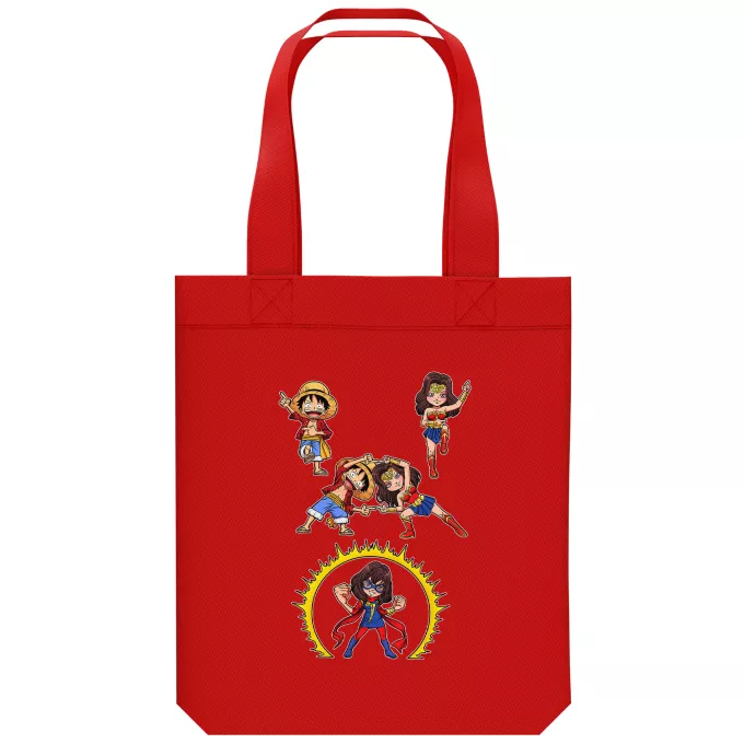 Sac Tote Bag en coton Bio Parodie One Piece Gomu Gomu no Fusion ! - Luffy, Wonder Woman, Kamala aka Miss Marvel