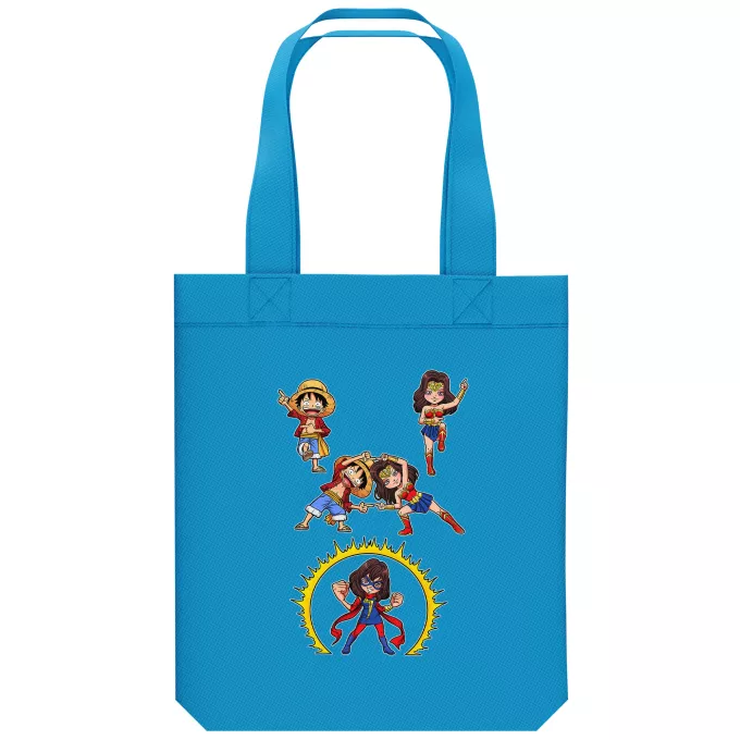 Bolsa (Tote Bag) de algodón orgánico Parodia One Piece Gomu Gomu no Fusion ! - Luffy, Wonder Woman, Kamala aka Miss Marvel